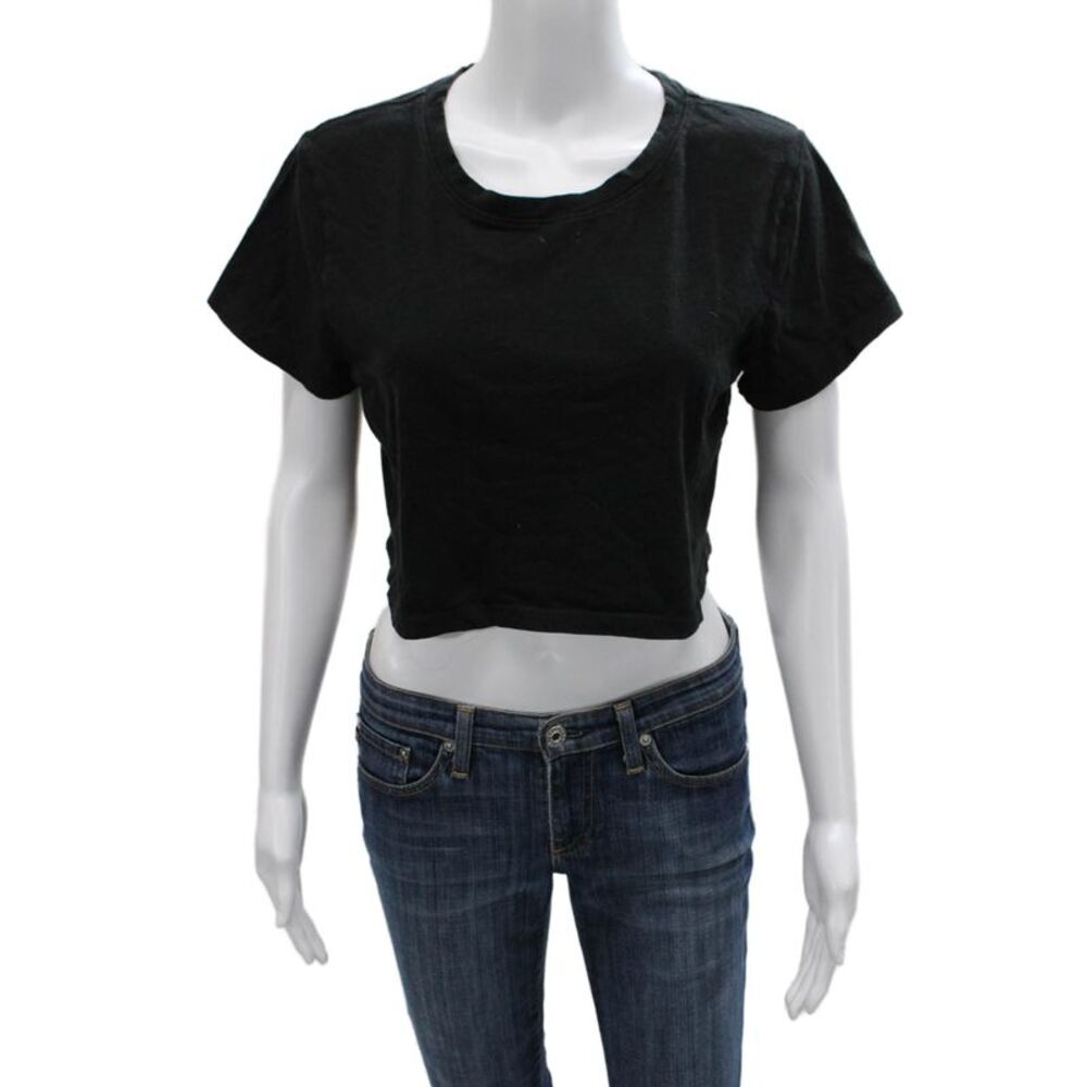 Loving People Women Cropped Black Cotton T-Shirt Crew Neck Short Sleeve Size M